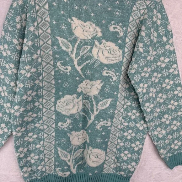 Vintage Private Eyes Teal Floral Rose Knit Sweater Metallic Lurex Crew Neck USA - Picture 8 of 8